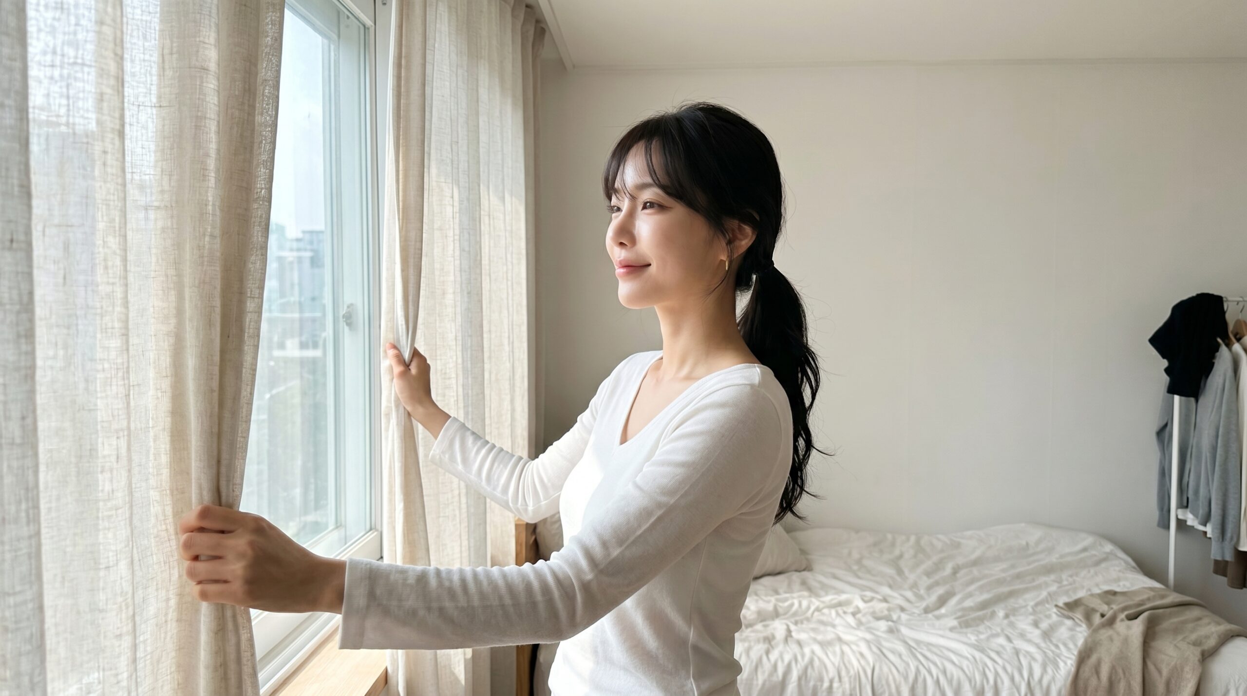 아침에 커튼을 열어 침실로 햇빛이 들어오는 장면