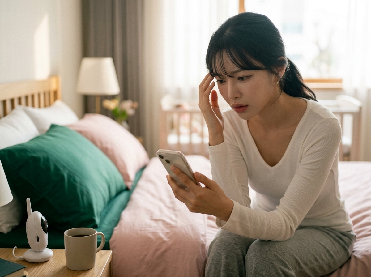 아이 권장 수면 시간 - 밤에 휴대폰으로 아이 수면 정보를 찾아보는 엄마