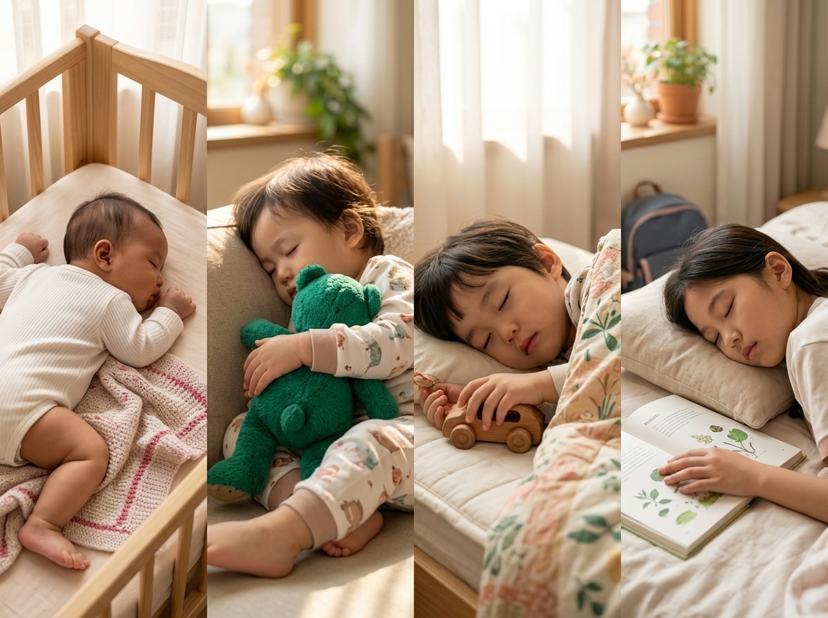 아이 권장 수면 시간, 연령별 정확한 기준 찾아봤어요 - 연령별로 잠든 아이들의 모습을 나이순으로 나열한 따뜻한 일러스트 관련 일러스트