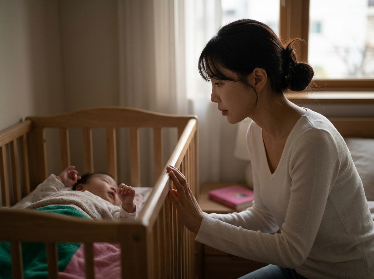 아이 수면교육 방법, 뇌과학으로 풀어본 '왜'와 '어떻 - 아기가 얕은 잠에서 뒤척이는 모습을 조용히 지켜보는 엄마, 어두운 방 안 관련 일러스트