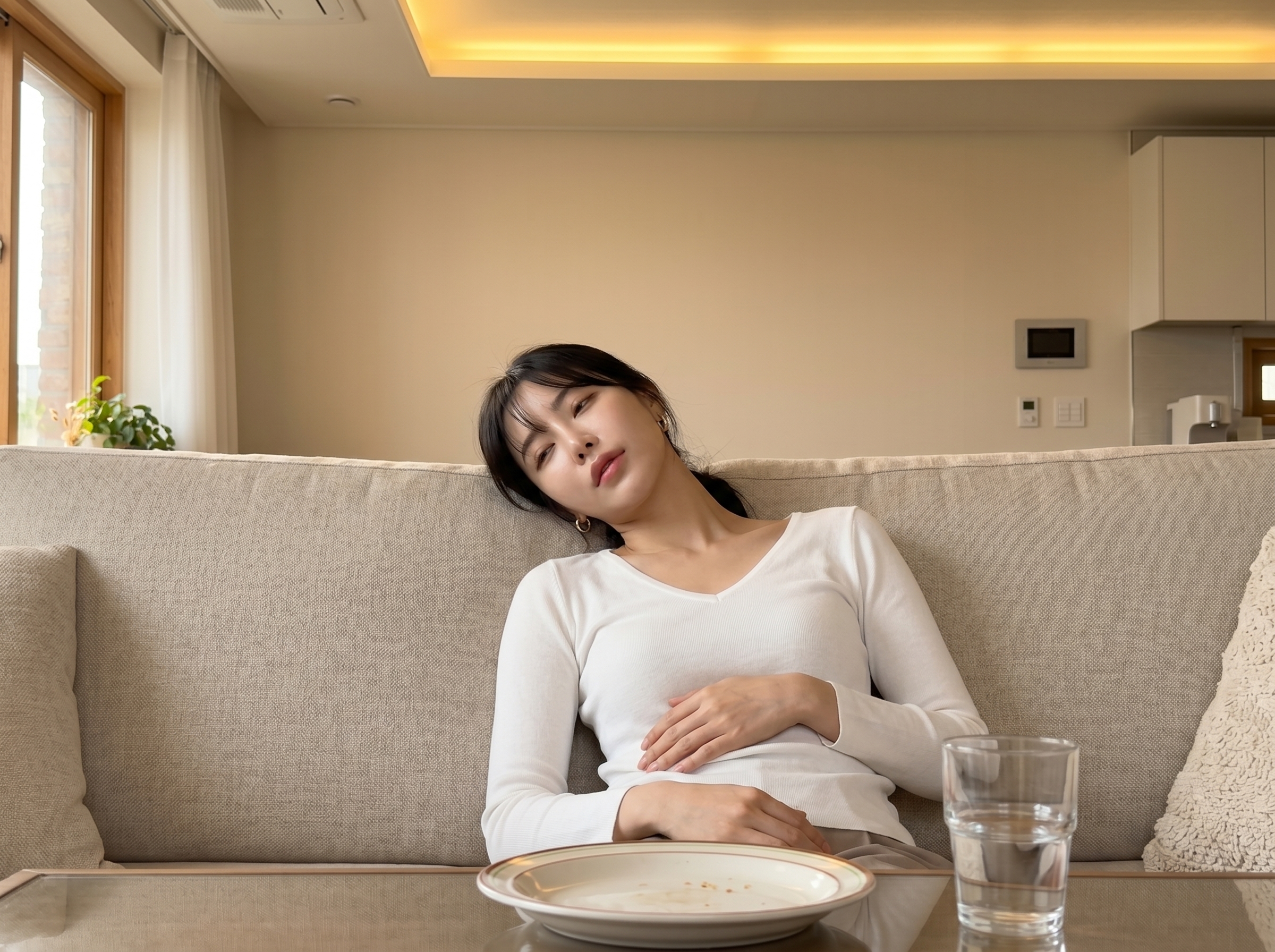 간식을 먹은 뒤 피곤해 소파에 기대앉은 여성 — 혈당 스파이크 후 에너지 크래시