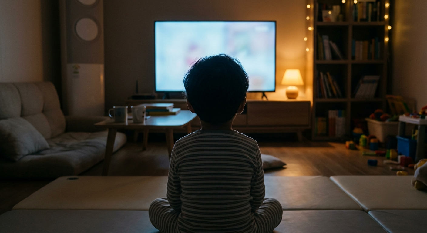 밤에 TV 화면을 보는 아이 뒷모습 — 블루라이트 노출