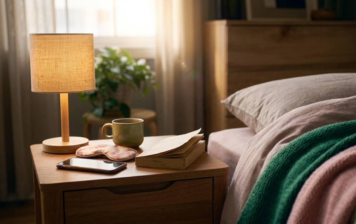 엄마 불면증 수면 루틴 — 코르티솔 루프 벗어나기 - 아이를 재운 뒤 조명을 낮추고 따뜻한 차를 마시며 앉아 있는 엄마 관련 일러스트